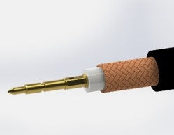 Close-up showing a male center contact pin securely crimped onto the central core wire of a coaxial cable.