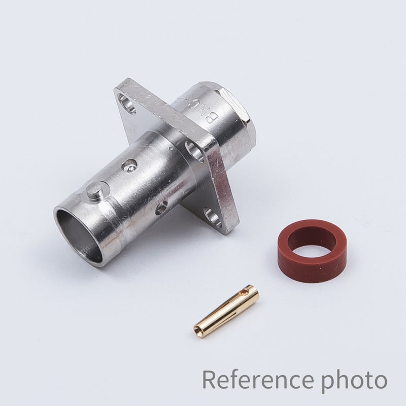 Tyclon flange jack coaxial connector featuring four screw points and a gasket for secure, sealed panel attachment on equipment housings or surfaces.