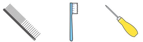 A metal pet comb, a blue toothbrush, and a yellow-handled awl used as inexpensive tools for unbraiding cable conductors.