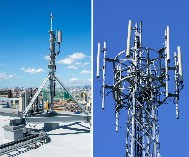 Mobile communication base station tower antennas connected using reliable 4.3-10 and 7/16 DIN coaxial connectors for telecom.