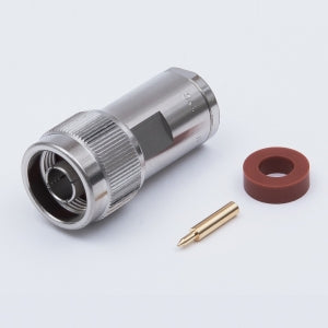 Example of a silver coaxial plug connector with male fitting portion and accompanying components.