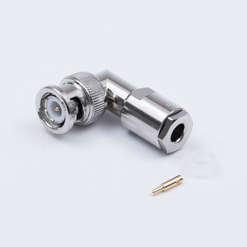Detailed view of a Tyclon right-angle coaxial connector, featuring an L-shaped body for convenient installation in tight spaces or specific routing needs.