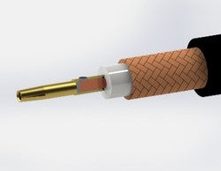 Close-up showing a female center contact receptacle securely soldered onto the central core wire of a coaxial cable.