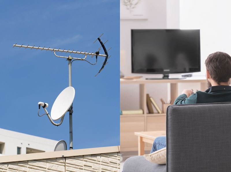 Residential TV antenna and satellite dish installation using coaxial connectors to deliver reliable signal to home television.