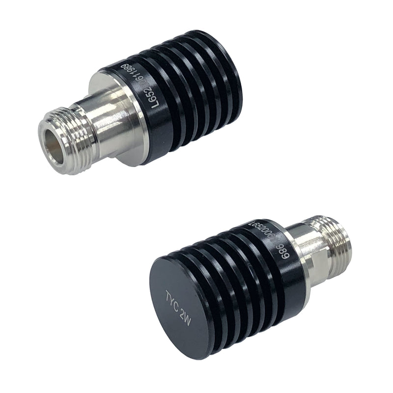 Two Tyclon coaxial terminators, also known as dummy loads, used to properly terminate unused RF ports or signal paths within a system.