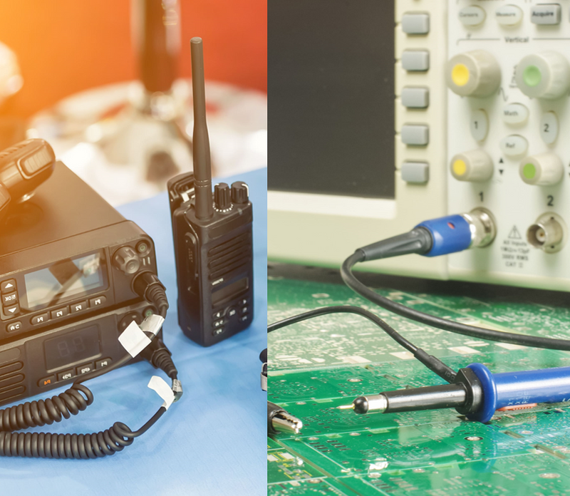 Wireless radio handheld transceiver and electronic measuring instruments utilizing BNC, TNC, or SMA coaxial connectors.