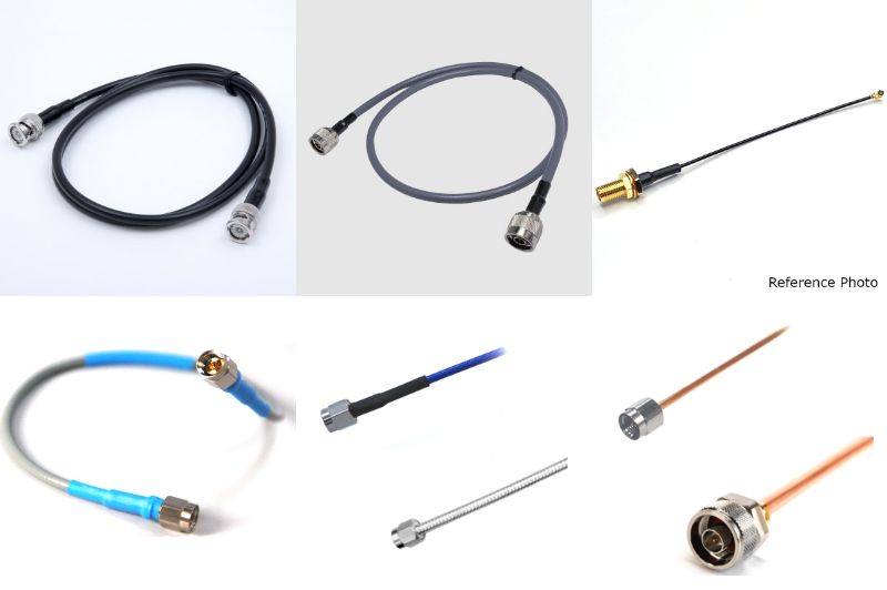 Various coaxial cable assemblies with different connector types, colors, and shielding, arranged in a collage for reference.