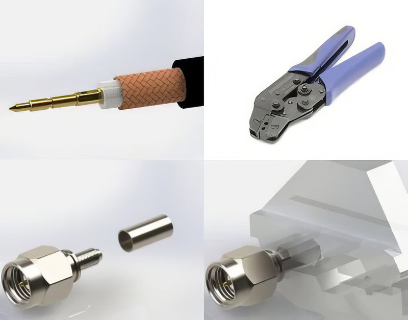 BNC connector assembly showing coaxial cable crimped to center contact and sleeve crimped over outer jacket for secure fit