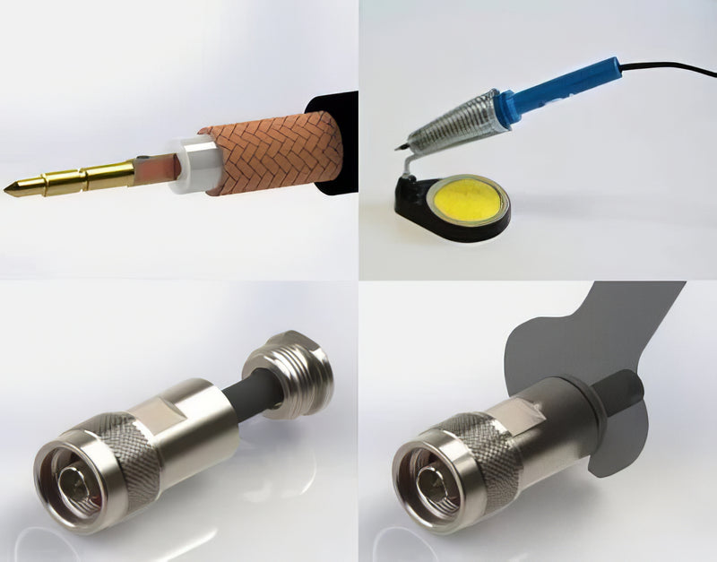 Visual steps showing coaxial cable preparation, soldering the core, and clamping an N RF connector.